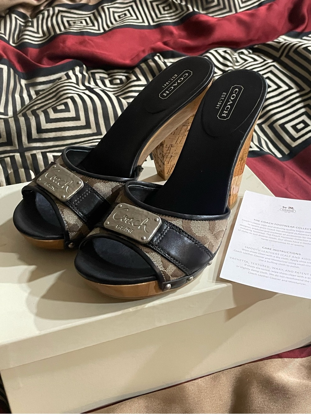Coach Tan Logo Canvas & Black Leather heels